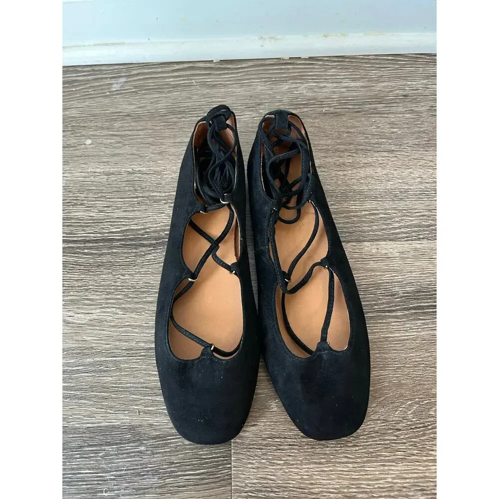 Madewell The Greta Lace-Up Ballet Flat in True Black Suede Size 9
